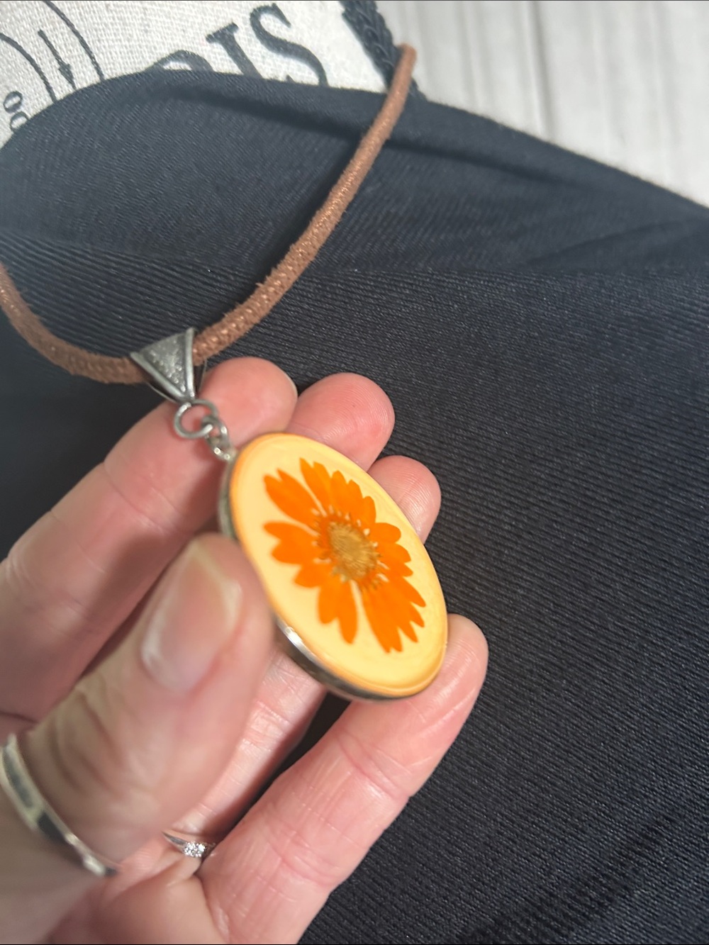 Orange Resin Flower Pendant Necklace with Brown Cord - Picture 3 of 8